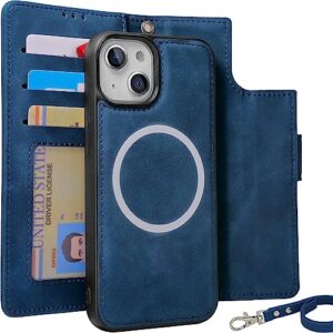 cavokas case wallet for iphone 14 wallet case, 6.1 inch magnetic detachable leather flip case with card holders, compatible with magsafe wireless charging, kickstand phone cover rfid blocking, blue