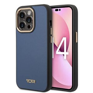cg mobile tumi phone case for iphone 14 pro in midnight blue & rose gold, hc smooth leather protective & durable case with easy snap-on, shock absorption & signature logo