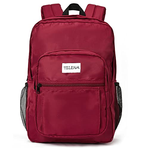 Telena School Backpack for Teen Girls Boys Lightweight Bookbag Backpack for Middle & High School with Bottle Side Pocket, Red Bookbag