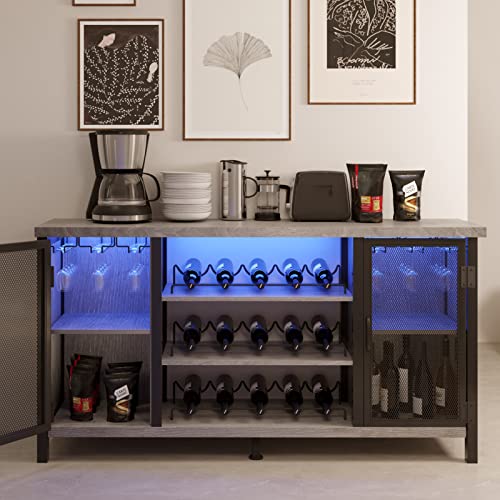 LED Wine Bar Cabinets for Home – Industrial Liquor Cabinet Bar with 2 Hinged Doors, Adjustable Wood and Steel Bar Table with Bottles Rack, Kitchen Farmhouse Coffee Bar, Living Room Furniture, Grey