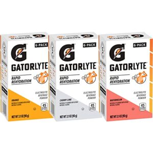 gatorlyte rapid rehydration electrolyte beverage, variety pack, lower sugar, specialized blend of 5 electrolytes, no artificial sweeteners or flavors, scientifically formulated for rapid rehydration, 18 pack. 1 pack mixes with 16.9oz (500ml) water.