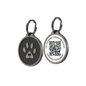pet dwelling premium qr code pet id tags - dog tags and cat tags, connect to online pet profile, receive instant scanned tag location email alert(lux black paw)