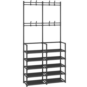 Laiensia 5-Tier Entryway Coat Rack, Coat and Shoe Rack, Entryway Bench Storage Organizer with 8 Hooks for Bedroom, Hallway, Office, Black