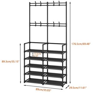 Laiensia 5-Tier Entryway Coat Rack, Coat and Shoe Rack, Entryway Bench Storage Organizer with 8 Hooks for Bedroom, Hallway, Office, Black