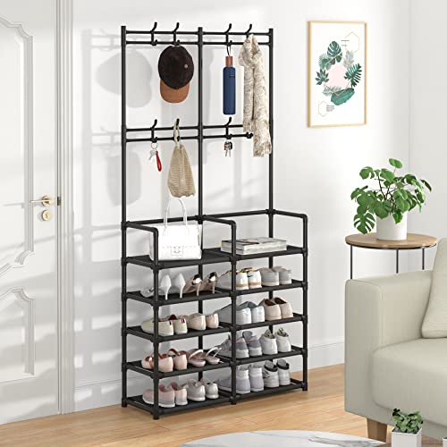 Laiensia 5-Tier Entryway Coat Rack, Coat and Shoe Rack, Entryway Bench Storage Organizer with 8 Hooks for Bedroom, Hallway, Office, Black