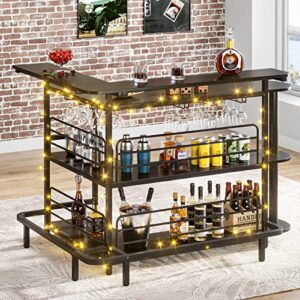 tribesigns home bar unit, 4 tier l shaped liquor bar table with storage, elevated countertop, wine glasses holder, and footrest, corner wine bar table for party home kitchen pub living room, black