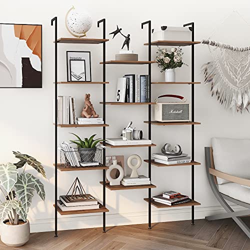 Tohomeor Triple Wide Bookshelf Wall Mounted 5-Tiers Ladder Book Shelf Industrial Wooden and Metal Bookshelf Open Display Storage Rack for Living Room Bedroom Home Office (Rustic Brown, Large)