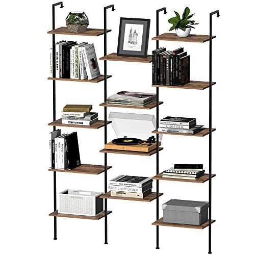 Tohomeor Triple Wide Bookshelf Wall Mounted 5-Tiers Ladder Book Shelf Industrial Wooden and Metal Bookshelf Open Display Storage Rack for Living Room Bedroom Home Office (Rustic Brown, Large)