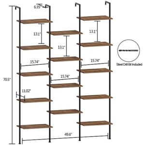 Tohomeor Triple Wide Bookshelf Wall Mounted 5-Tiers Ladder Book Shelf Industrial Wooden and Metal Bookshelf Open Display Storage Rack for Living Room Bedroom Home Office (Rustic Brown, Large)