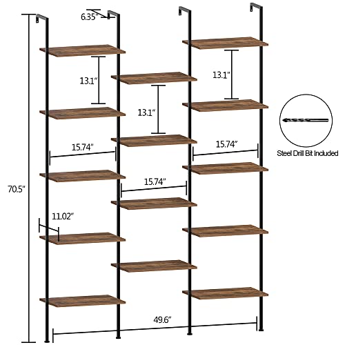 Tohomeor Triple Wide Bookshelf Wall Mounted 5-Tiers Ladder Book Shelf Industrial Wooden and Metal Bookshelf Open Display Storage Rack for Living Room Bedroom Home Office (Rustic Brown, Large)