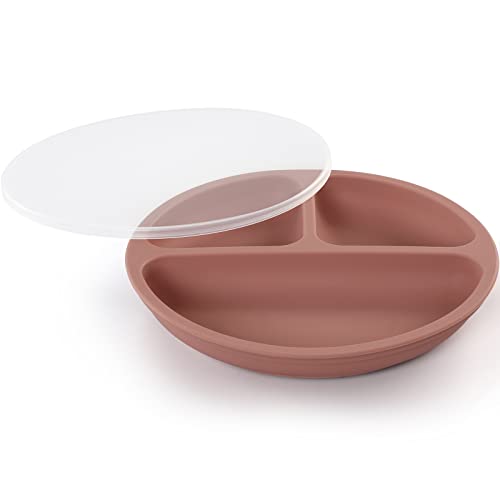 VITEVER Suction Plate with Lid for Toddler, Baby & Kid, 100% Food-Grade Silicone, Divided Design, Microwave & Dishwasher Safe - Cloudy Mauve