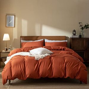 burnt orange duvet cover king, washed microfiber 3 pieces solid color casual burnt orange bedding set, with zipper closure, luxury ultra soft relaxed feel natural wrinkled comfy (burnt orange, king)