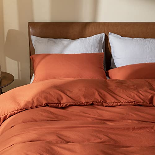 Burnt Orange Duvet Cover King, Washed Microfiber 3 Pieces Solid Color Casual Burnt Orange Bedding Set, with Zipper Closure, Luxury Ultra Soft Relaxed Feel Natural Wrinkled Comfy (Burnt Orange, King)