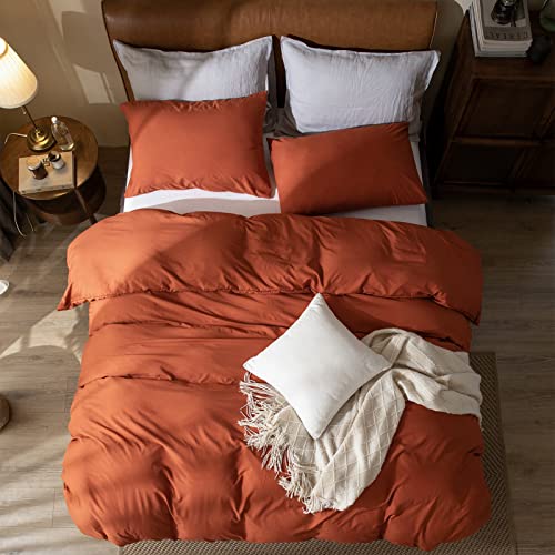 Burnt Orange Duvet Cover King, Washed Microfiber 3 Pieces Solid Color Casual Burnt Orange Bedding Set, with Zipper Closure, Luxury Ultra Soft Relaxed Feel Natural Wrinkled Comfy (Burnt Orange, King)