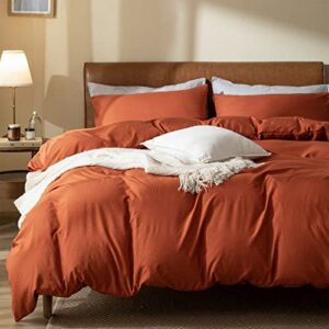 Burnt Orange Duvet Cover King, Washed Microfiber 3 Pieces Solid Color Casual Burnt Orange Bedding Set, with Zipper Closure, Luxury Ultra Soft Relaxed Feel Natural Wrinkled Comfy (Burnt Orange, King)