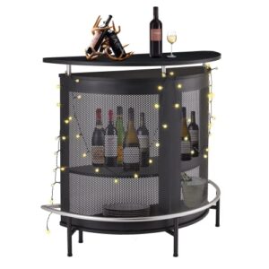 jomeed bar table with storage, high top table with metal mesh front, goblet holders and footrest, semi cylindrical shape black liquor bar for home