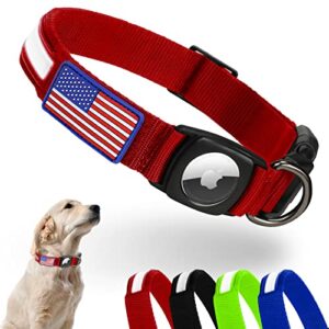 reflective airtag dog collar, feeyar waterproof air tag dog collar [red], integrated apple airtag holder dog collars with flag patch, gps tracker dog collar for small medium large dogs [size m]