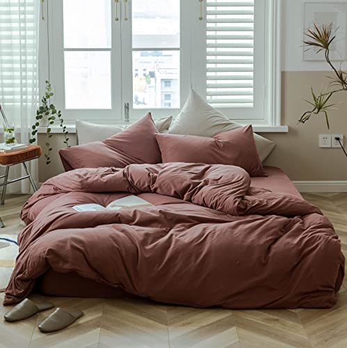 DONEUS Brick Red Duvet Cover Queen Size, 100% Jersey Knit Duvet Cover Set Solid Red Bedding Set Luxury Soft Comforter Cover 3 Pieces with Zipper Closure, 1 Duvet Cover 90x90 inches and 2 Pillow Cases