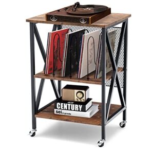 tangkula record player stand, 3 tier rolling turntable stand w/3 dividers for albums, rustic vinyl record holder for living room home office, steel frame & lockable wheels, vintage end table (brown)