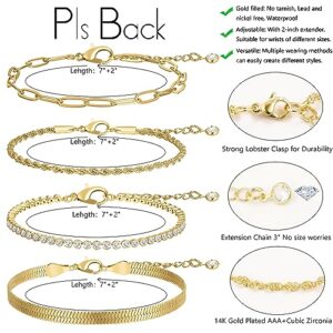 Gold Link Bracelets Sets for Women Girls, 14K Gold Plated Dainty Classic Adjustable Paperclip Layered Bracelets, Fashion Simple Chain Tennis Bracelet with Zirconia, Jewelry Gifts.