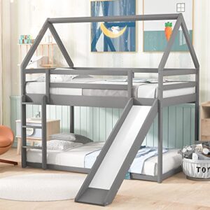 twin size bunk house bed with convertible slide and ladder,twin over twin wooden bed frame with guardrails for kids teens girls boys,gray