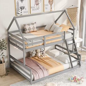 Twin Over Full House Bunk Bed with Built-in Ladder, Low Bunk Bed Fram w/Safety Guard Rails and Wood Slat Support for Kids Teens Adults, Convertible to 2 Beds, No Box Spring Required,Gray