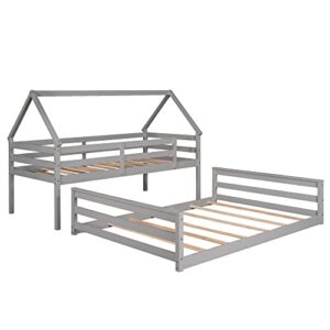 Twin Over Full House Bunk Bed with Built-in Ladder, Low Bunk Bed Fram w/Safety Guard Rails and Wood Slat Support for Kids Teens Adults, Convertible to 2 Beds, No Box Spring Required,Gray