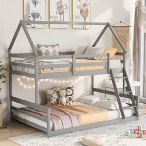 Twin Over Full House Bunk Bed with Built-in Ladder, Low Bunk Bed Fram w/Safety Guard Rails and Wood Slat Support for Kids Teens Adults, Convertible to 2 Beds, No Box Spring Required,Gray