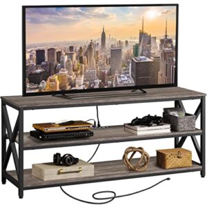 yaheetech industrial tv stand with 3-tier storage shelves, 55" tv cabinet with power outlets for living room, media entertainment center tv console with charging station, metal frame, taupe wood