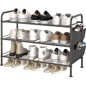 sorcedas shoe rack 3 tier black wide metal storage organizer shelf with removable side pockets for closet, entryway,garage, bedroom, cloakroom (black, 3 tier)