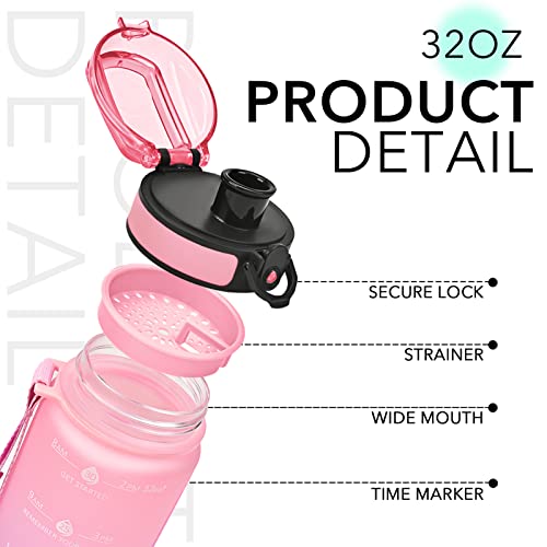 GOSWAG 32oz Motivational Water Bottles with Time Marker & Fruit Strainer, Sports Water Bottle with Times to Drink, Leakproof & BPA Free, Reusable Plastic Bottle with Strap no Straw for Gym & School