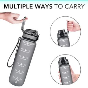 GOSWAG 32oz Motivational Water Bottles with Time Marker & Fruit Strainer, Sports Water Bottle with Times to Drink, Leakproof & BPA Free, Reusable Plastic Bottle with Strap no Straw for Gym & School