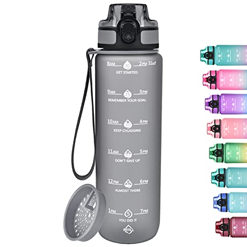 GOSWAG 32oz Motivational Water Bottles with Time Marker & Fruit Strainer, Sports Water Bottle with Times to Drink, Leakproof & BPA Free, Reusable Plastic Bottle with Strap no Straw for Gym & School