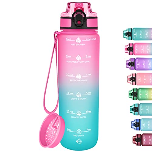 GOSWAG 32oz Motivational Water Bottles with Time Marker & Fruit Strainer with Times to Drink, Leakproof & BPA Free, Reusable Plastic Sports Bottle with Strap no Straw for Gym & School