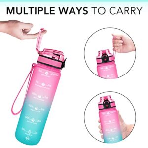 GOSWAG 32oz Motivational Water Bottles with Time Marker & Fruit Strainer with Times to Drink, Leakproof & BPA Free, Reusable Plastic Sports Bottle with Strap no Straw for Gym & School