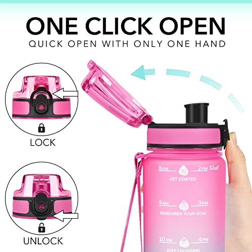 GOSWAG 32oz Motivational Water Bottles with Time Marker & Fruit Strainer with Times to Drink, Leakproof & BPA Free, Reusable Plastic Sports Bottle with Strap no Straw for Gym & School