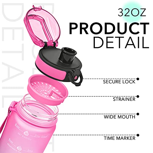 GOSWAG 32oz Motivational Water Bottles with Time Marker & Fruit Strainer with Times to Drink, Leakproof & BPA Free, Reusable Plastic Sports Bottle with Strap no Straw for Gym & School