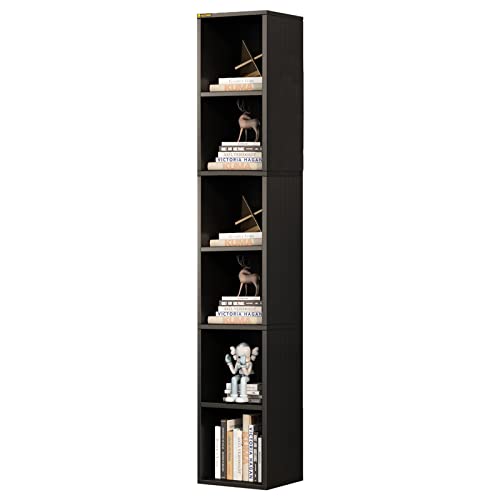 ALISENED 68.5" Tall Narrow Bookshelf, 6 Shelf Wooden Corner Bookcase, Modern Skinny Cubes Storage Organizer Display Shelving for Bedroom, Library, Living Room, Home, Office, Black