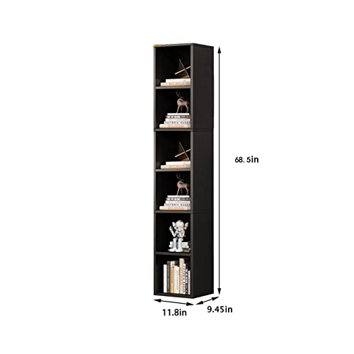 ALISENED 68.5" Tall Narrow Bookshelf, 6 Shelf Wooden Corner Bookcase, Modern Skinny Cubes Storage Organizer Display Shelving for Bedroom, Library, Living Room, Home, Office, Black