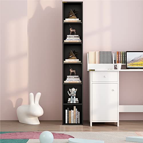 ALISENED 68.5" Tall Narrow Bookshelf, 6 Shelf Wooden Corner Bookcase, Modern Skinny Cubes Storage Organizer Display Shelving for Bedroom, Library, Living Room, Home, Office, Black