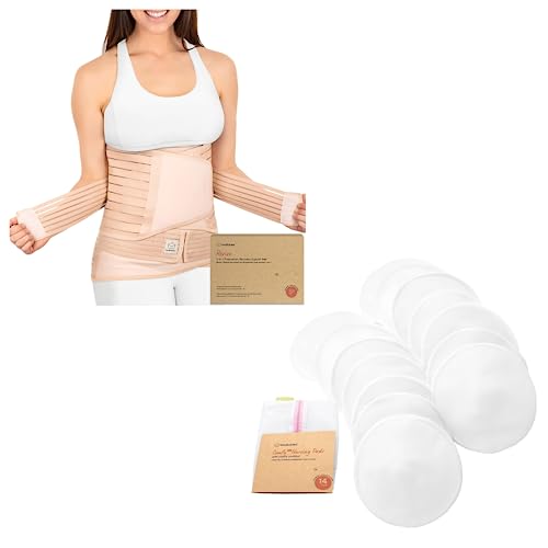 KeaBabies 3 in 1 Postpartum Belly Support Recovery Wrap and Organic Bamboo 3-Layers Nursing Breast Pads - Postpartum Belly Band - 14 Washable Pads + Wash Bag - After Birth Brace - Breastfeeding Pad