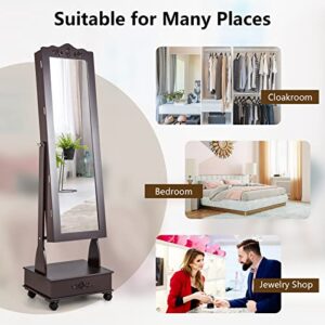 COSTWAY 6 LEDs Mirror Jewelry Cabinet with Wheels, Lockable Jewelry Storage Organizer w/Full-Length Mirror and 3 Adjustable Angles, Floor Standing Jewelry Armoire for Living Room Bedroom (Brown)