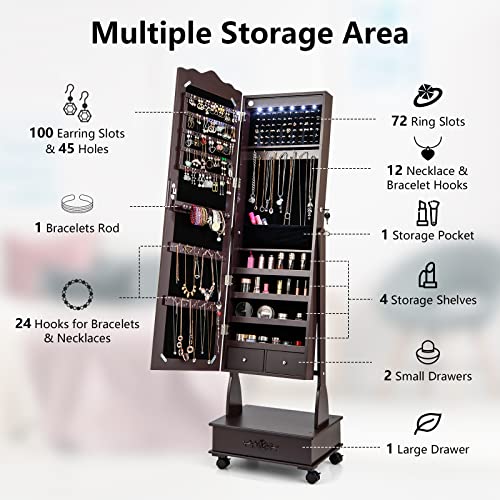 COSTWAY 6 LEDs Mirror Jewelry Cabinet with Wheels, Lockable Jewelry Storage Organizer w/Full-Length Mirror and 3 Adjustable Angles, Floor Standing Jewelry Armoire for Living Room Bedroom (Brown)