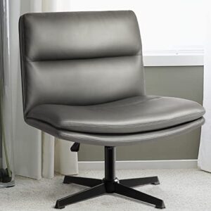 lemberi pu leather armless office desk chair no wheels,criss cross legged home office chair, wide padded swivel vanity chair,120°rocking mid back ergonomic computer task chair for make up,small space