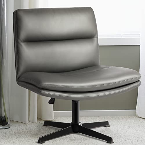 LEMBERI PU Leather armless Office Desk Chair no Wheels,Criss Cross Legged Home Office Chair, Wide Padded Swivel Vanity Chair,120°Rocking Mid Back Ergonomic Computer Task Chair for Make Up,Small Space