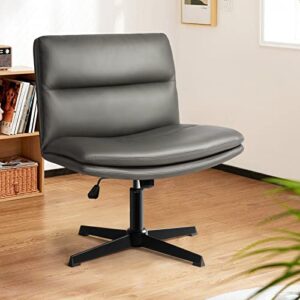 LEMBERI PU Leather armless Office Desk Chair no Wheels,Criss Cross Legged Home Office Chair, Wide Padded Swivel Vanity Chair,120°Rocking Mid Back Ergonomic Computer Task Chair for Make Up,Small Space