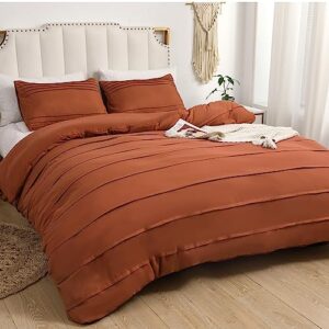 argstar 3 pieces pleated duvet cover king, burnt orange boho textured duvet cover, 100% washed microfiber soft striped comforter cover with zipper & ties (1 rust duvet cover, 2 pillowcases)