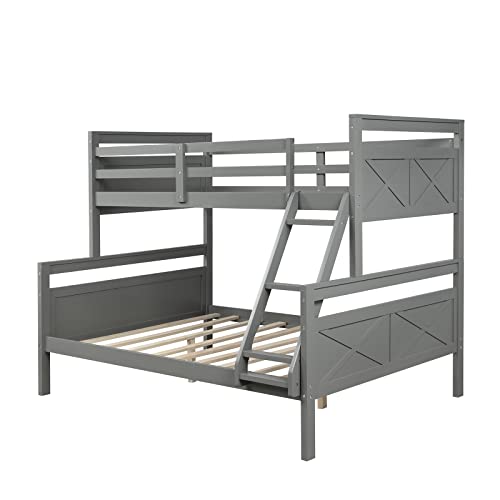 Twin Over Full Bunk Bed,Solid Pinewood Bedframe w/Safety Guardrails and Ladder,Can Be Separated into 2 Beds,for Dorm,Bedroom,Guest Room Furniture,No Box Spring Needed,Gray