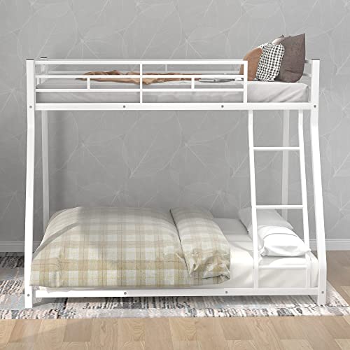 Lifeand Twin Over Full Bunk Bed with Metal Frame, Guardrail and Ladder, Space-Saving Design, Metal Bed for Kids&Teens,White