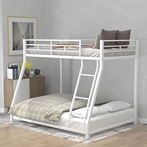 Lifeand Twin Over Full Bunk Bed with Metal Frame, Guardrail and Ladder, Space-Saving Design, Metal Bed for Kids&Teens,White